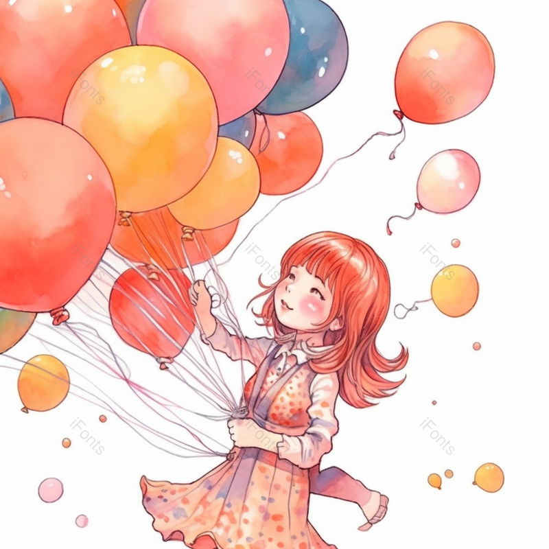 白背景红头发齐刘海一个女孩小孩欢乐气球飘起来纯洁可爱插画,插画/手绘图,插画/手绘图库,插画/手绘图下载,插画/手绘